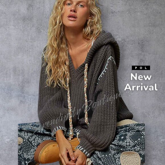 POL Sweaters - POL New Fall 2025 Chunky Oversized Lantern Sleeve Charcoal Grey Hoodie Sweater